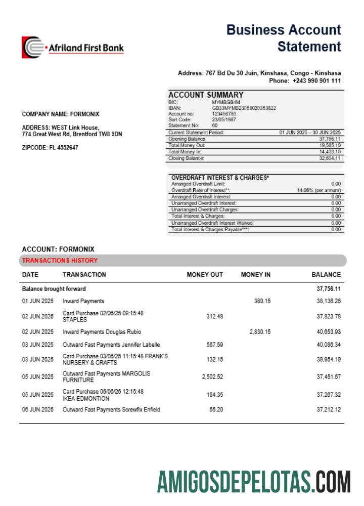 Congo Afriland First Bank Business Firm Account Extrato bancário em formato Word e PDF exemplo real